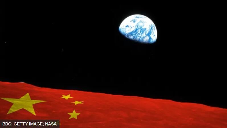 Chinese flag in space with the Earth in the background Chinese flag in space with the Earth in the background