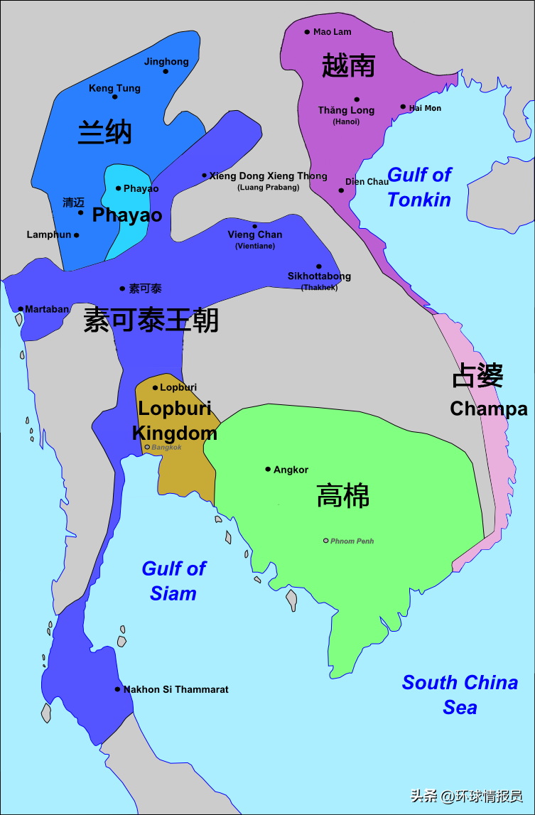 素可泰王国占据克拉地峡(蓝) 素可泰王国占据克拉地峡(蓝)