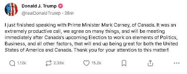 特朗普与卡尼首次通话！态度大转变