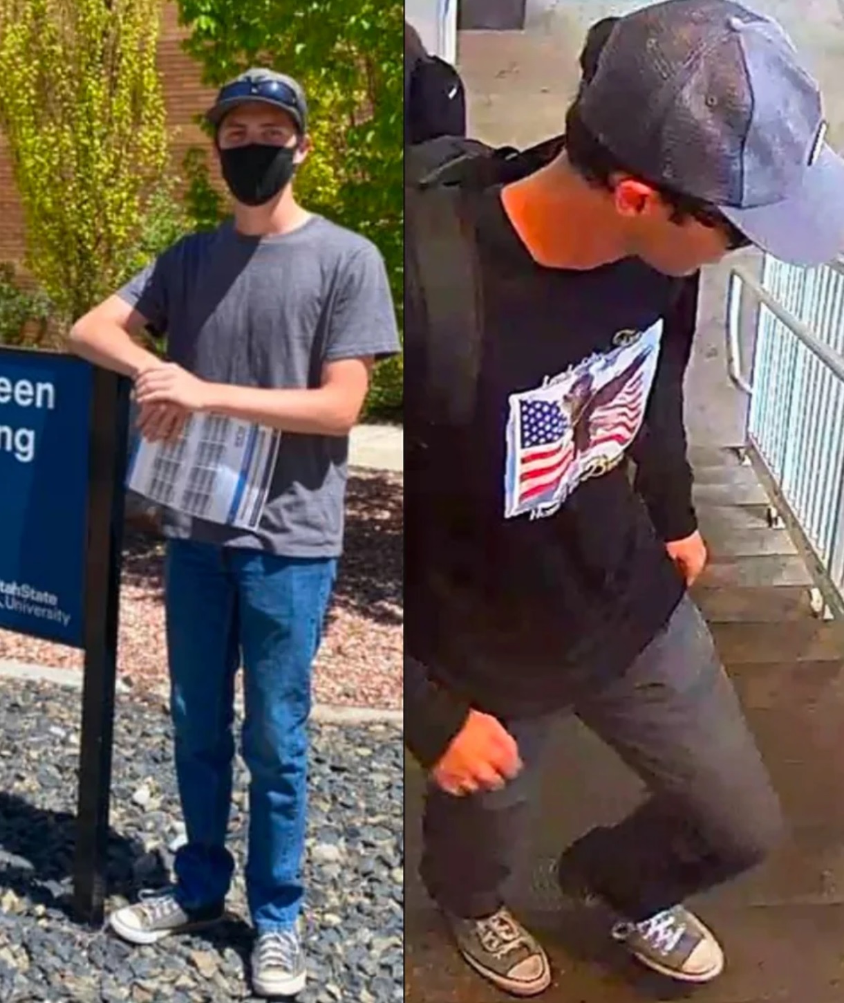 左侧社交媒体照片中的泰勒·罗宾逊 (Tyler Robinson) 穿着匡威鞋,与右侧联邦调查局 (FBI) 发布的照片  ... 左侧社交媒体照片中的泰勒·罗宾逊 (Tyler Robinson) 穿着匡威鞋,与右侧联邦调查局 (FBI) 发布的照片  ...